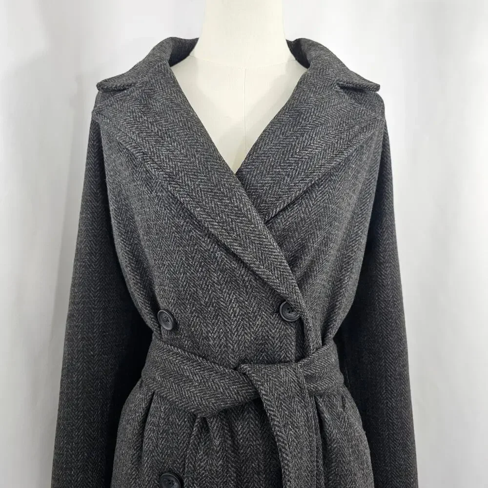 The Drop Jessy Grey Herringbone Double Breasted Long Overcoat Women's Size L NWT - Picture 3 of 16